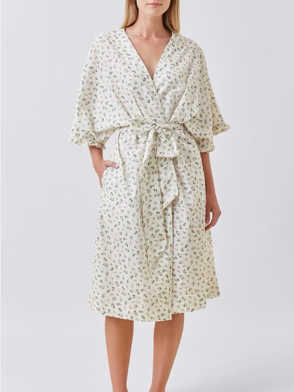 Papinelle Swiss Dot Lace Floral Kimono Midi Robe Medium